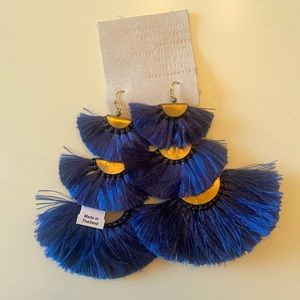 ANTHROPOLOGIE BLUE LONG LayerTASSEL FAN EARRINGS NWT